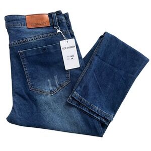 JUNBAOSS Men's Slim Fit Size 34 Medium Wash Denim Distressed Straight Jeans 5873